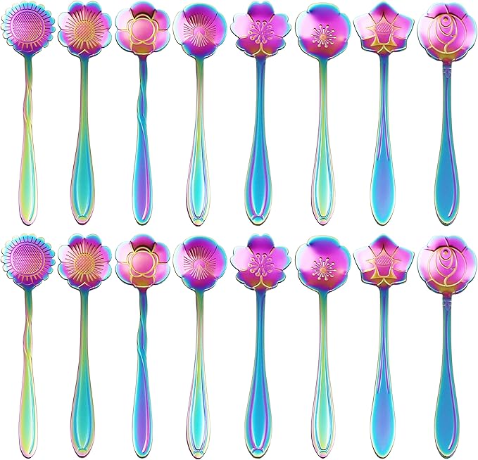 16 Pieces Flower Spoon Coffee Teaspoon Set, PBIEHSR Stainless Steel Coffee Tea Spoons for Drink Mixing Milkshake Jam