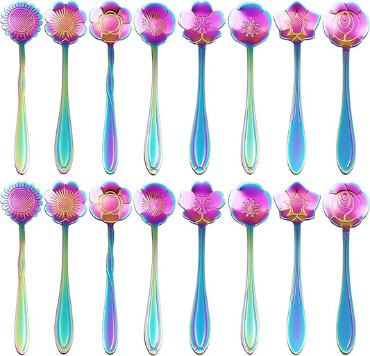 16 Pieces Flower Spoon Coffee Teaspoon Set, PBIEHSR Stainless Steel Coffee Tea Spoons for Drink Mixing Milkshake Jam