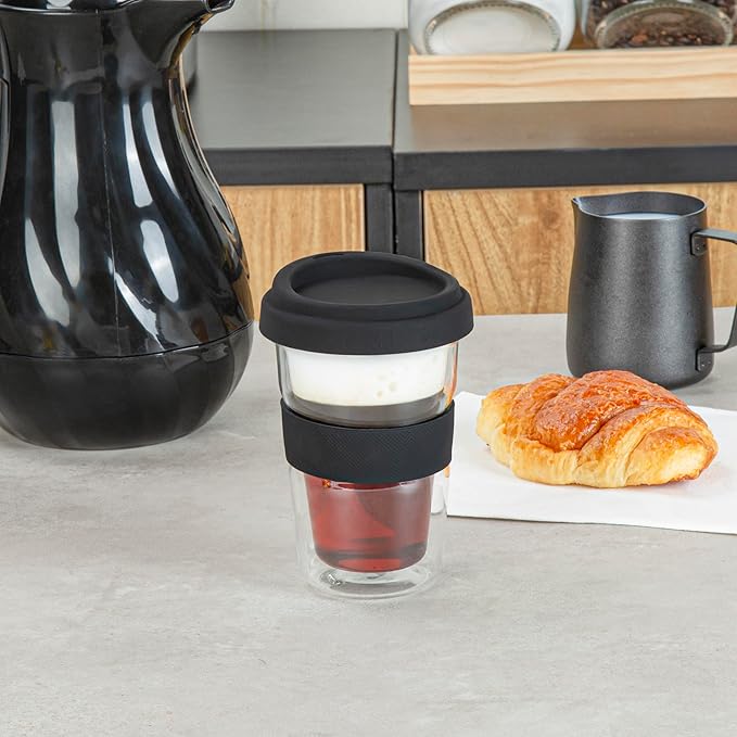 Restaurantware - Forma Professional 13.5 Ounce Insulated Travel Mugs, 10 Double Wall Coffee Mugs - Includes Lids And Sleeves, Reusable, Clear Borosilicate Glass Tumblers, Dishwashable, Microwavable