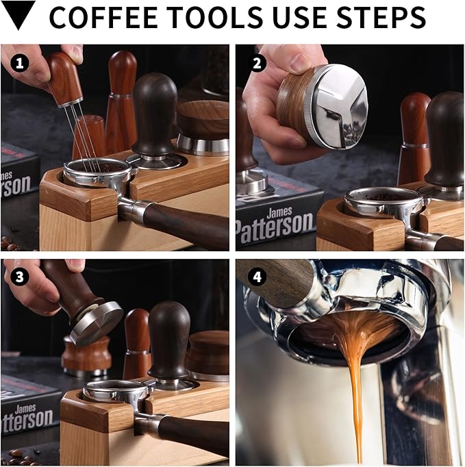 GURUDAR 51mm Coffee Distributor, Espresso Distribution Tool, Adjustable Depth Espresso Tamper Leveler with Walnut Wood Handle Fits for 51mm Delonghi Barista Portafilter