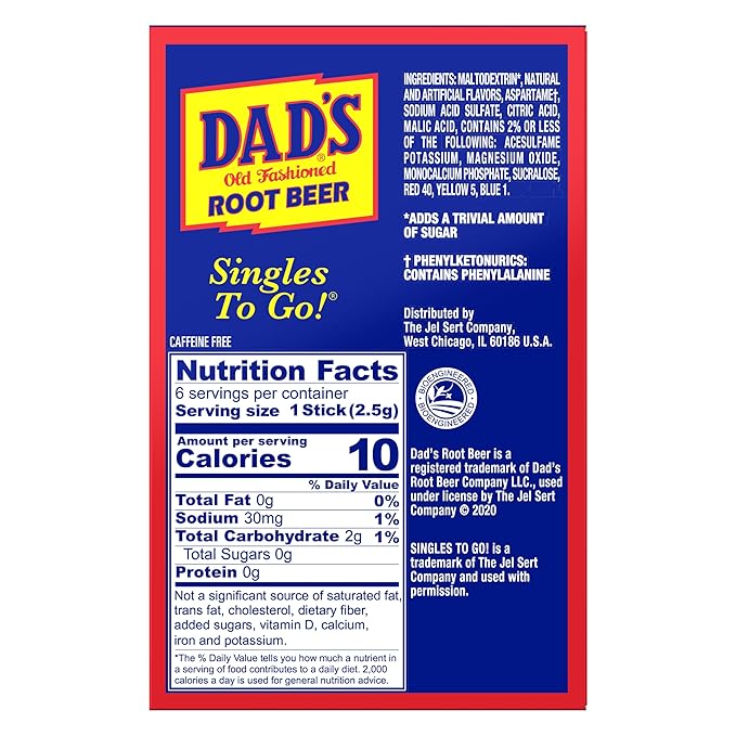 SINGLES TO GO! Dad's Old Fashioned Root Beer - Sugar Free Powdered Drink Mix - 3 Boxes with 6 Sticks Per Box - 18 Total Packets - Low Calorie - 0.53 Ounce (Pack of 3)