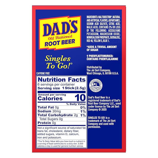 SINGLES TO GO! Dad's Old Fashioned Root Beer - Sugar Free Powdered Drink Mix - 6 Boxes with 6 Sticks Per Box - 36 Total Packets - Low Calorie - 0.53 Ounce (Pack of 6)