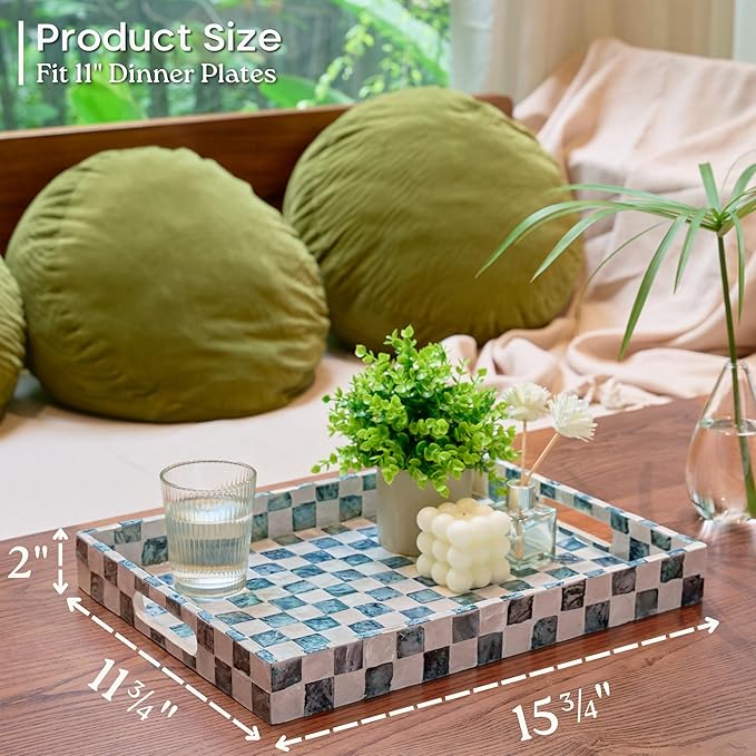 15.8" x 11.8" Decorative Rectangular Tray with Natural Capiz Shells, Checkered Tray with Handles, Serving Tray for Ottoman, Coffee Table, Kitchen Counter Home Decor (Navy Blue)