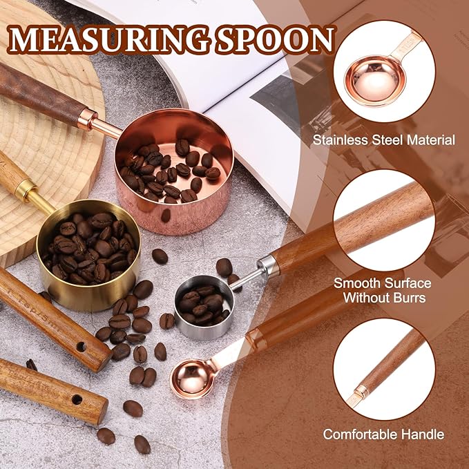 uxcell Measuring Spoon, 15ml Stainless Steel Coffee Scoop Spoon with with Wood Handle for Ground Coffee Tea Sugar Cooking Baking, Rose Gold