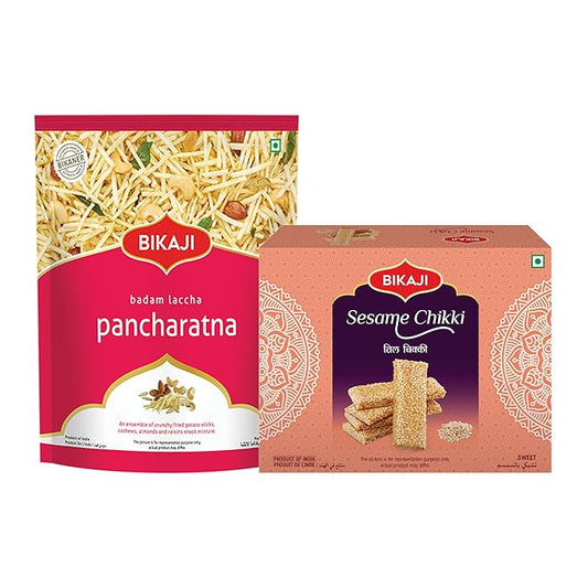 Bikaji Seasme Chikki 400G & Badam Laccha Pancharatna 350Gm Combo | Traditional Crunchy Chikki & Rich Dry Sweet | Snack & Festive Gift Pack