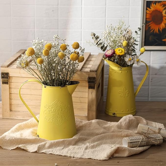 APSOONSELL French Style Shabby Chic Vase Metal Flower Vase Vintage Jug Rustic Farmhouse Decor for Home, Yellow