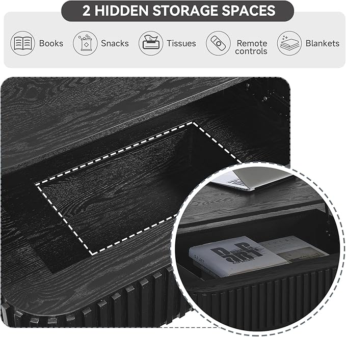 SZTHHDF Lift Top Coffee Table for Living Room,Rectangle Handmade Solid Wood Strips, Fluted Coffee Table with Hidden Storage Compartment for Small Space Office Apartment (38.6"L×26.8''W×13.8''H-Black)