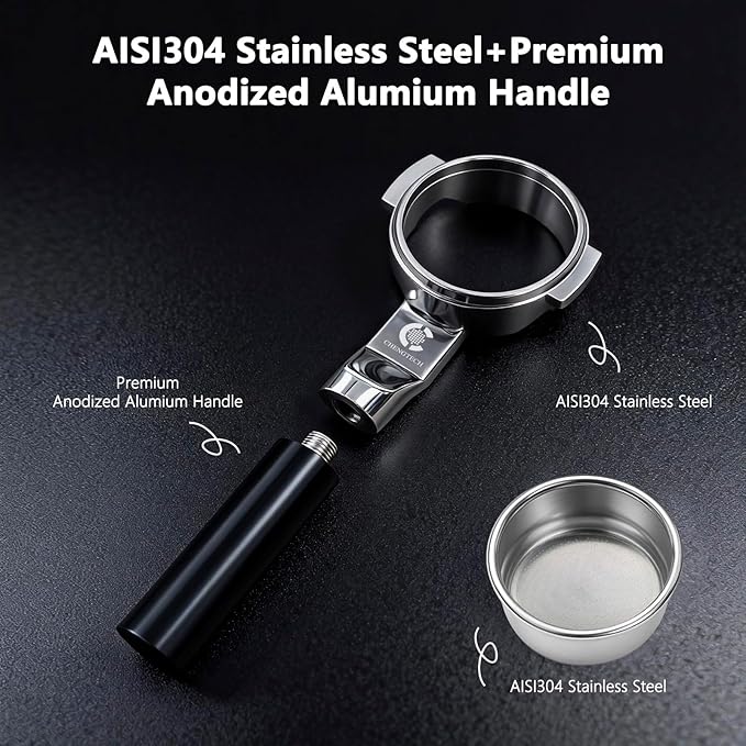 Espresso Accessories, 58mm Flat-Based Bottomless Portafilter with Dual-Layer 718 Micro-Sift Filter Basket, Anodized Aluminum Handle, Fits E61 Group Head Espresso Machines