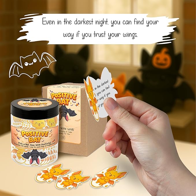 Positive Bat Jar with 60 Daily Affirmation Cards, Emotional Support Bat, Gift for Coworkers, Teacher or Adult Gifts, College Student Gifts, Bat Decor, Office Desk Accessories