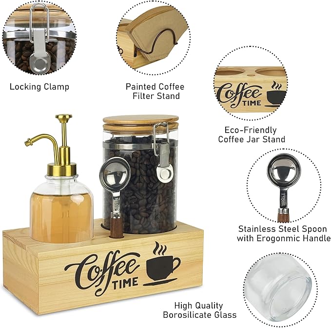Coffee Container with Syrup Dispenser and Shelf & Spoon,40oz Air tight Glass Storage Jars and 16.9oz Glass Syrup Bottle,Coffee Bar Accessories for Kitchen Organization(1 Jar 1 Dispenser)