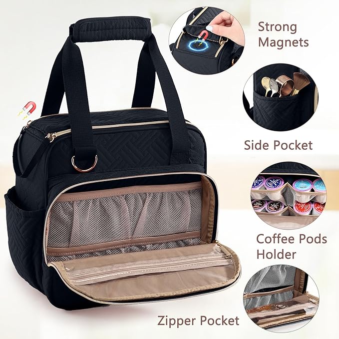 BAGSPRITE Coffee Maker Travel Bag Compatible with Keurig K-Mini Mate, Full Open Carrying Case with Quilted Padded Soft Microfiber, K--Cup Single Serve Coffee Maker Bag with Pod Organizer, Mug Pockets