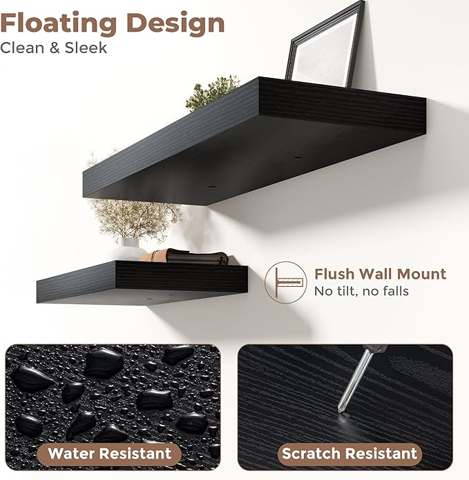Marsmiles 12" Deep Floating Shelves for Wall with Invisible Brackets, Wall Mounted Engineered Wood Shelves with Wood Grain for Living Room, Bedroom, Kitchen Decor and Storage, 72" L Set of 1, Black