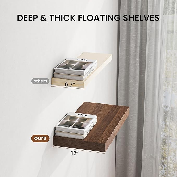 Dreamland 48" Floating Shelves for Wall, 12" Deep Thicker Walnut Floating Shelves, Wall-Mounted Shelves for Bedroom, Living Room, Kitchen, Bathroom - Set of 2