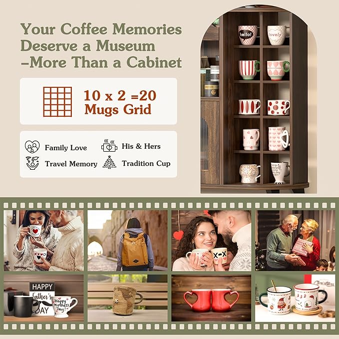 VINAEMO Coffee Bar Cabinet with 24-Cup Display, Large Drawer & Storage,Modern Buffet Sideboard for Kitchen, Medium Wooden Bar Station for Apartment，Walnut