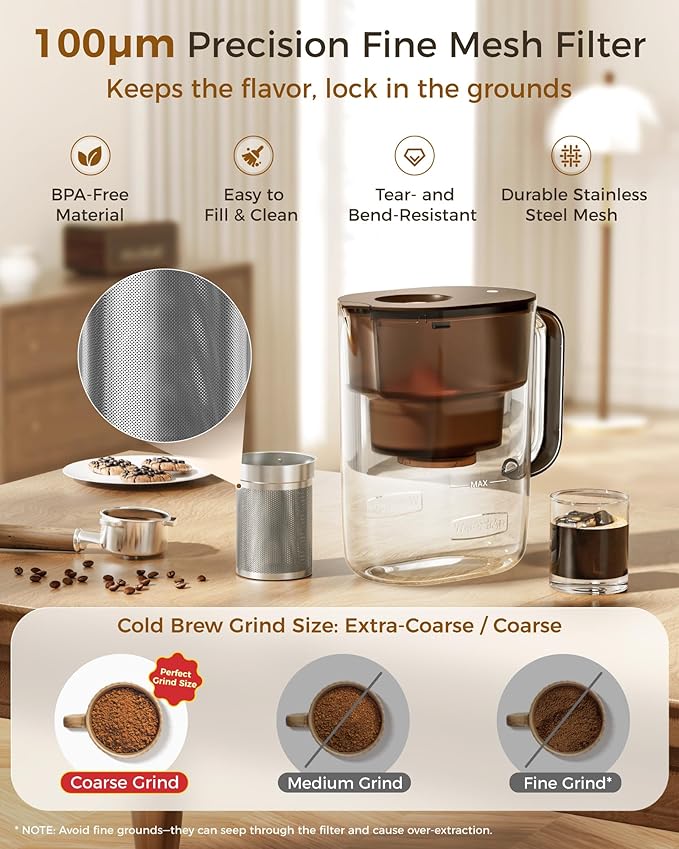 Waterdrop Cold Brew Coffee Maker with 1 Magnesium Water Filter, Well-Balanced Acidity, Unlocks Flavor and Aroma, BPA-Free, Precision Fine Mesh Filter for Iced Coffee, Tea, Lemonade, Brown