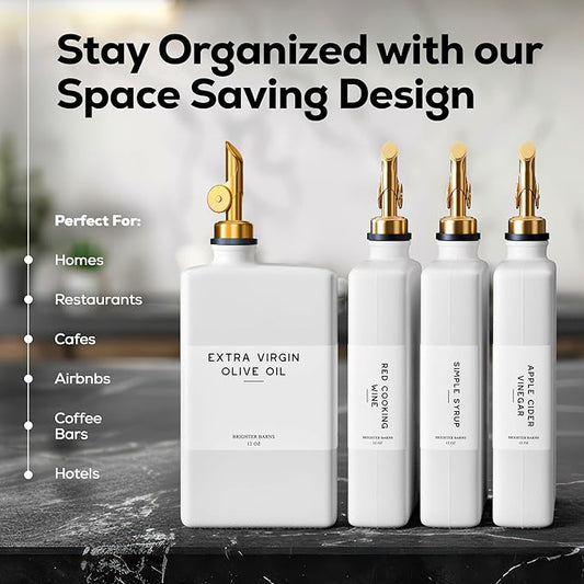White Glass Olive Oil Dispenser Bottle for Kitchen by Brighter Barns - Avocado Oil Dispenser Set, Vanilla Syrup Bottle - Modern Decor, Gold Kitchen Accessories for Airbnb, Cafe (White/Gold, Set of 2)