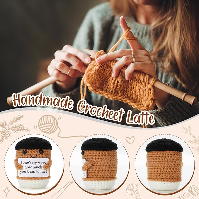 Mini Coffee Gifts for Women Men, Birthday Handmade Crochet Coffee Lovers I Love You Gifts for Bestie Boyfriend Girlfriend Friend, Office Desk Decor Inspirational Motivational Encouragement Gift
