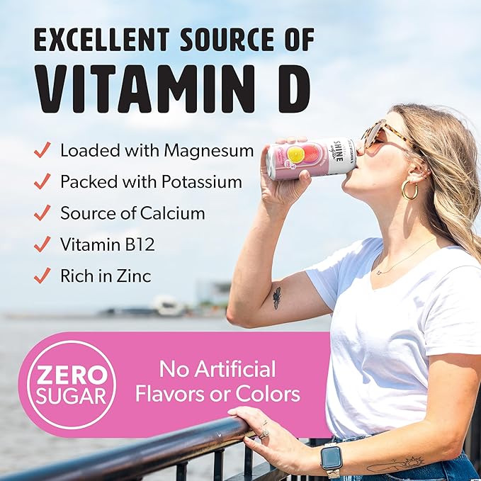 Shine Water Strawberry Lemon Vitamin D Electrolyte Drinks 12-Pack, Sugar Free Flavored Water with Magnesium, Zinc & Antioxidants, Low Calorie Hydration Beverage, Plant-Based Vitamin Water Zero Sugar