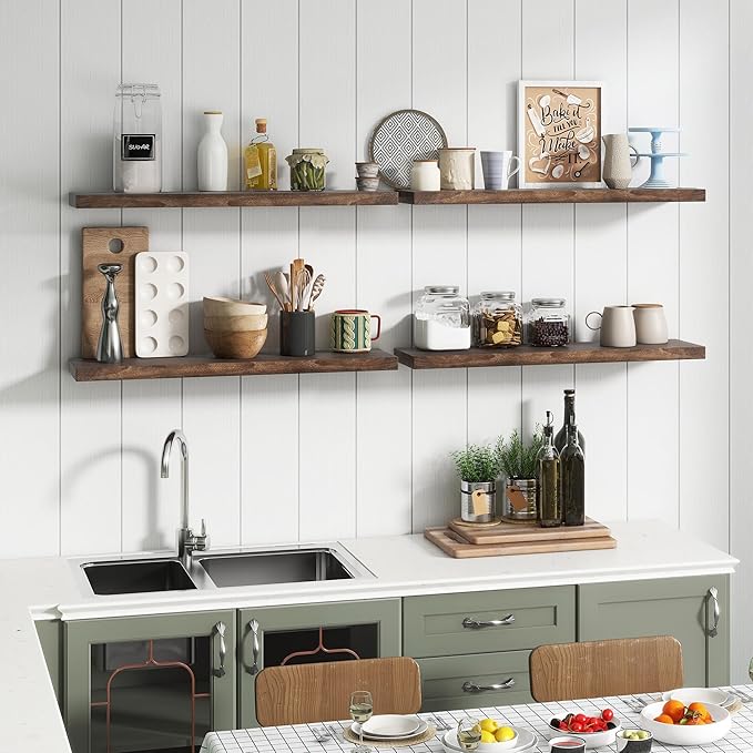 Reclaimed Elm Wood Floating Shelf for Wall, Flat Edge 55"W x 9.2"D x 1.4"H, 1 Pack with Invisible Bracket, Large Wall Mounted Shelf for Living Room Bedroom Kitchen Bathroom Decor, Walnut Finish