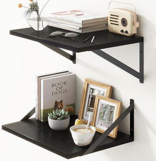 Fun Memories Deep Floating Shelves for Wall, 12 Inch Deep Black Floating Shelves Set of 2, 16" W x 12" D Wall Shelf, Wide Display Ledges Shelves for Bedroom, Bathroom, 12 Deep Bookshelf Wall Mounted