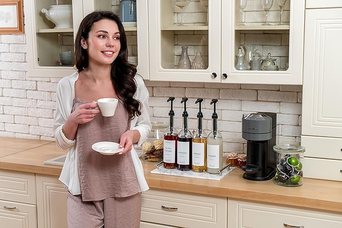 Demi's Home 25.4 oz 750 ml Glass Coffee Syrup Dispenser for Coffee Bar - 4 Pack - Comprehensive Label Set & ¼ oz Pumps Included