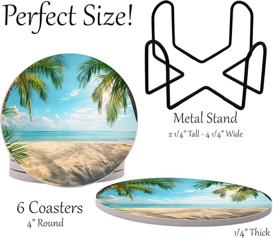 Summer Sunshine Beach Season Leaves Round Coasters Set of 6 - Abosrbent Ceramic Coasters with Metal Stand for Drinks, Coffee, Non-Slip Cork Back for Tabletop Protection, 4 Inches (Palm Tree)