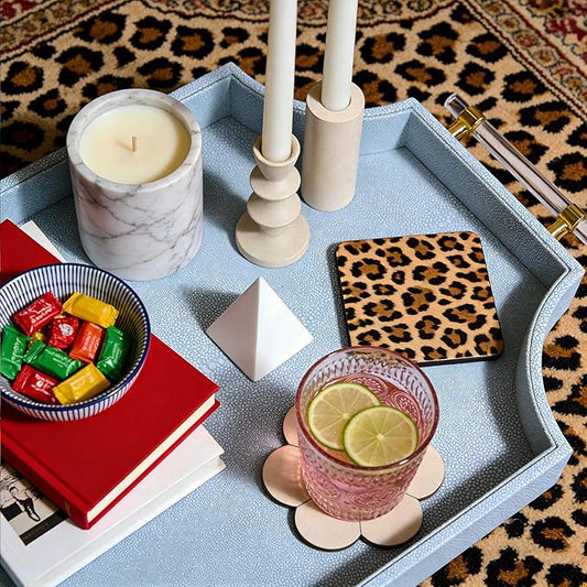 22.6'' × 13'' Coffee Table Tray Shagreen Decorative Tray for Ottoman Home Decor Serving Tray with Acrylic Gold Handles Modern Elegant Scalloped Large Ottoman Tray