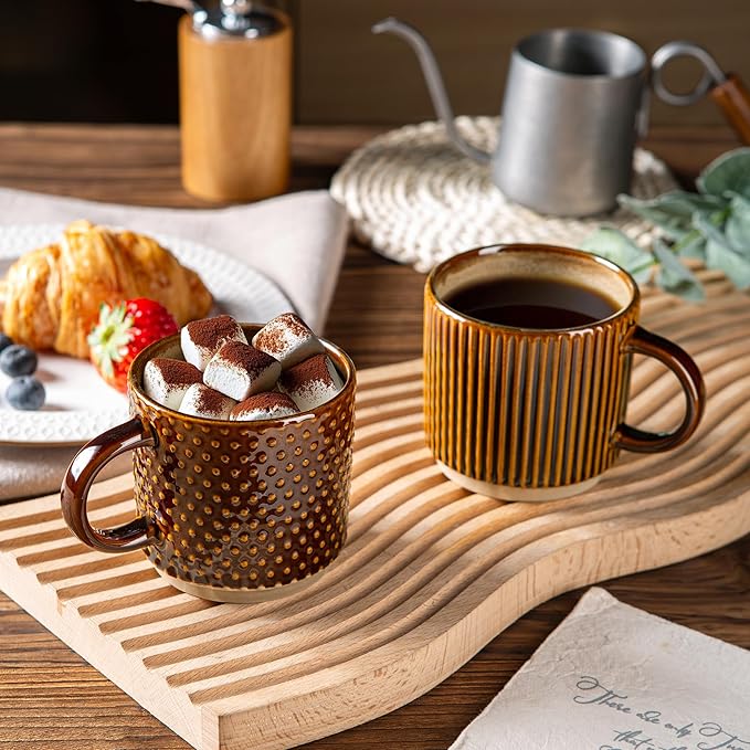 GBhome 6OZ Stackable Coffee Mugs with Stand and Saucer, Ceramic Coffee Mugs Set of 4 with Texture Patterns for Man,Woman,Dad,Mom, Modern Coffee Cups for Latte/Espresso. Dishwasher&Microwave Safe