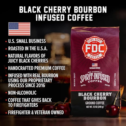 Fire Department Coffee - Black Cherry Bourbon Coffee - Gives Back to Firefighters - Premium Bourbon Infused Ground - Non-Alcoholic - Roasted in the USA - Veteran Owned - 12 oz