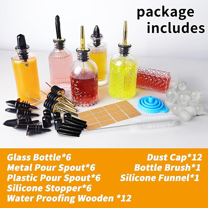 INFTYLE Coffee Syrup Dispenser Bottles Set 6 Pack 7 OZ, Simple Small Glass Syrup Bottles for Coffee Bar with Metal Pour Spout Ideal for Coffee Syrups, Honey