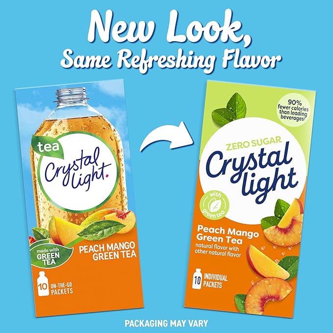 Crystal Light Drink Mix, 10 Packets, for Convenient On-the-Go Flavorful Hydration, Naturally flavored with other natural flavor Peach Mango Green Tea, Zero Sugar, 0.8 oz