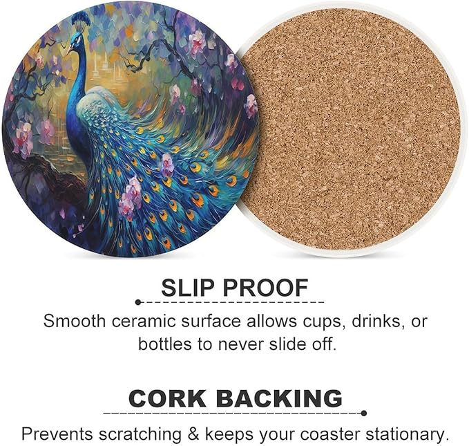 Peacock Drink Coasters, Round Ceramic Drink Coaster Round-4PCS, Vintage Watercolor Style Floral Beautiful Blue Peacock Decor Absorbent Ceramic Coasters for Beverage Cup, Bar, Coffee Table