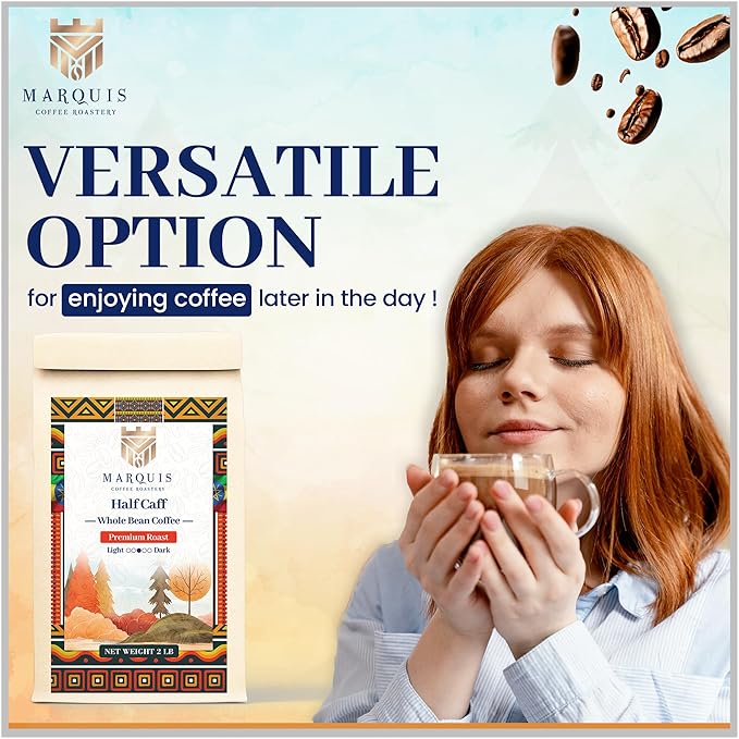 Marquis - Half Caff Coffee, Rich Blend of half Ethiopian Yirgacheffe and Half Decaf French Roast Beans, Fresh Dark Roast with a Fruity Flavor, Premium Half Caff Whole Bean Coffee, 2 lb