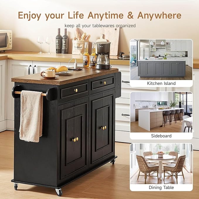 ONBRILL 58" Mobile Kitchen Island, Kitchen Island Cart with Power Outlet, Island Table for Kitchen, Home Bar Carts with Storage, Kitchen Rolling Island with Spice Rack & Towel Rack & Knife Holder