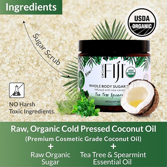 Organic Fiji Coconut Oil Infused Sugar Scrub for Face & Body 20-Ounces (20 Ounce (Pack of 1), Tea Tree Spearmint)
