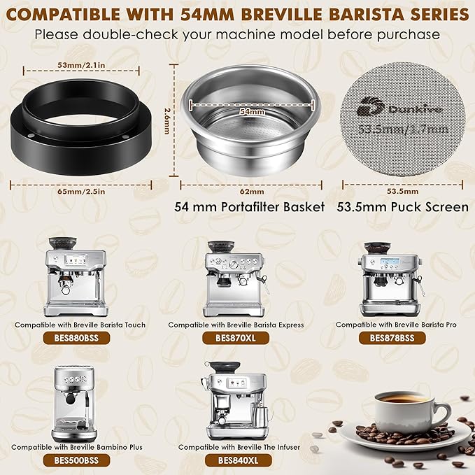 54mm Dual Wall Filter Basket, 53.3mm Puck Screen & 54mm Espresso Dosing Funnel Compatible with Breville BES860XL/11.41 Barista Express, Stainless Steel Portafilter Basket & Lower Shower Screen