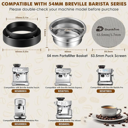 54mm Dual Wall Filter Basket, 53.3mm Puck Screen & 54mm Espresso Dosing Funnel Compatible with Breville BES860XL/11.41 Barista Express, Stainless Steel Portafilter Basket & Lower Shower Screen