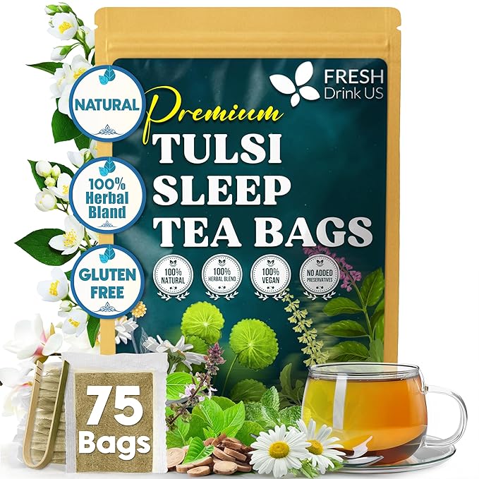 FreshDrinkUS, Tulsi Sleep Tea Bags | 75 Tea Bags | Herbal Blend with Tulsi Holy Basil, Chamomile, Gotu Kola, Ashwagandha & Peppermint | Naturally Caffeine-Free, Relaxing Evening Herbal Tea. Vegan