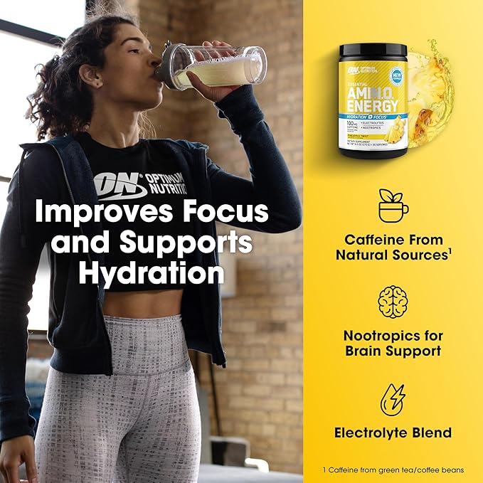 Optimum Nutrition Amino Energy Powder Plus Focus, with BCAA, Electrolytes, and Caffeine, Pineapple Twist, 30 Servings (Packaging May Vary)