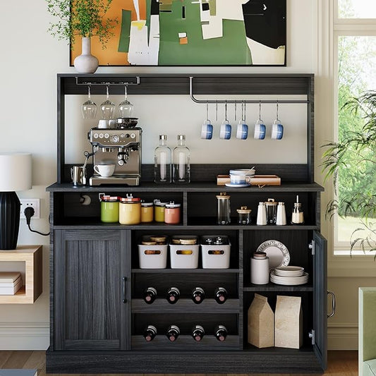 47 in Farmhouse Coffee Bar Cabinet with Charging Station & Wine Racks, Rustic Wood Kitchen Buffet Cabinet, Wine Bar Table for Dining Room Living Room, Grey
