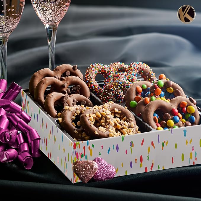 KREMERY Creamy Chocolate Cravings - Valentines Day Chocolate Covered Pretzel Twists Gift Basket, in Confetti Gift Box (12 Pretzels, Assorted Sweet Toppings) Xmas Treats Food Arrangement, Kosher