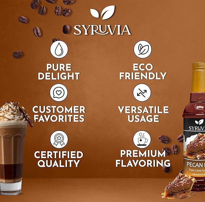 Syruvia Pecan Pie Coffee Syrup - 25.4 fl oz - Kosher Syrups, Gluten Free, No Coloring, Perfect for Drinks, Soda, Shakes & More With Syrup Pump