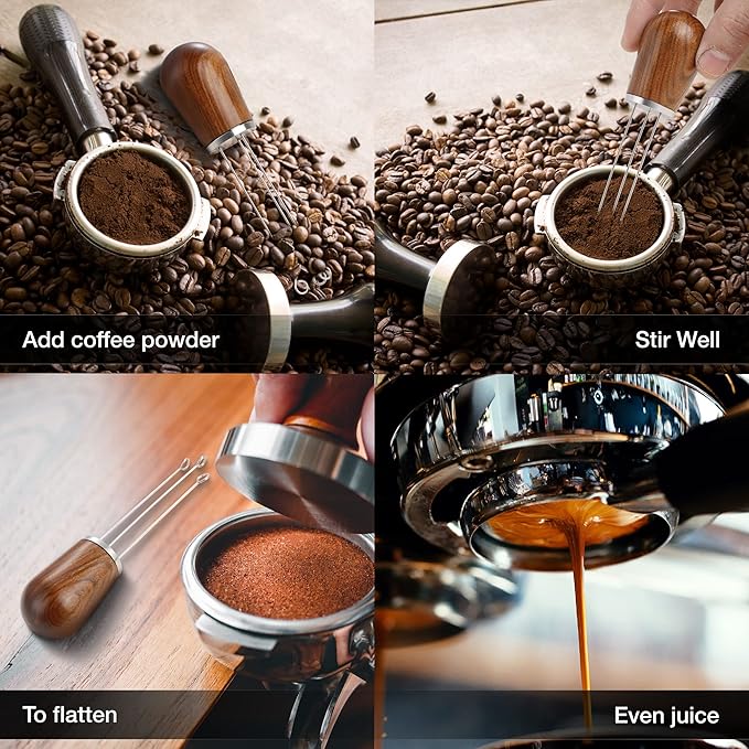 Espresso Distribution Tool, Espresso WDT Tool for Coffee Distribution - Espresso Stirrer & Coffee Distributor with Natural Wood Handle & Stand, Professional Barista Hand Distribution Tool