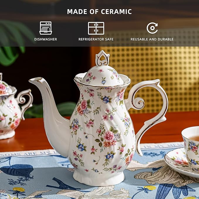 tea pot ceramic, Porcelain teapot with lid, 37oz for Tea, Milk, Coffee, Flower tea (White with small flowers)