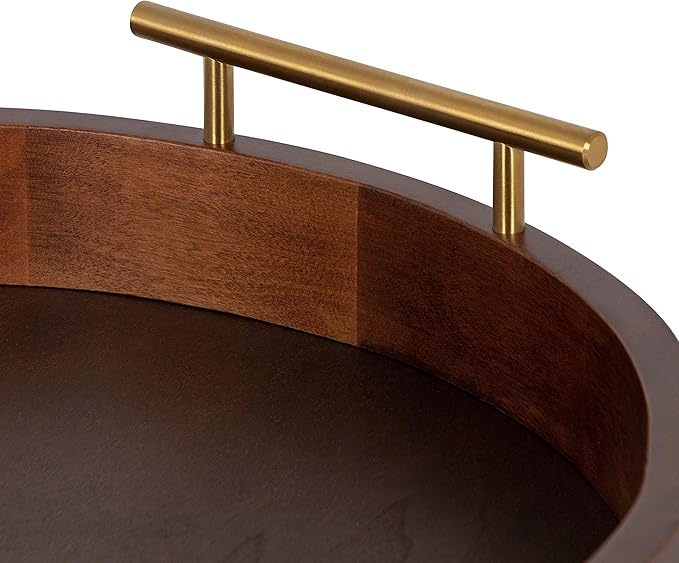 Kate and Laurel Lipton Mid-Century Modern Round Wooden Tray, 15.5" Diameter, Dark Walnut Brown with Gold Handles, Decorative Accent Tray for Storage and Display