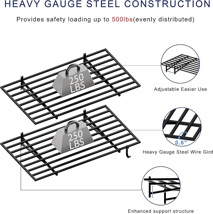 2-Pack 2x4ft Garage Shelving Wall Mounted, 24x43 inch Wall Shelf Heavy Duty Garage Storage Shelves Floating Shelves with Hooks, 500LB Capacity