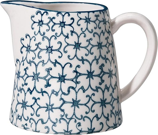 Nordring Creamer Kristina with Handle for Milk, Sauce 9 Oz Jug, blue, Stoneware, Handmade stamp decor, Rustic Blue Ceramic Pitcher for Milk or Sauce, Microwave & Dishwasher Safe