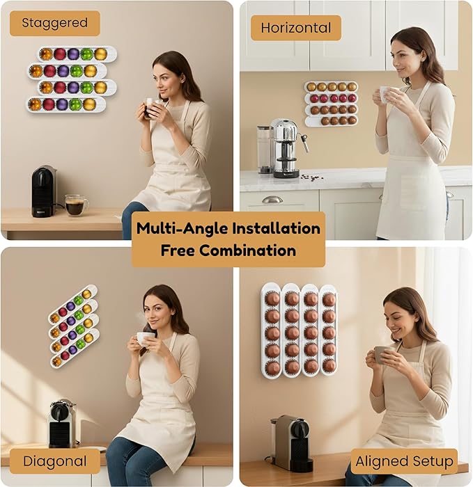 Bamboo Coffee Pod Holder, Adhesive Wall Mount (No Drilling) for Inside Cabinet Door, 20-Capsule Storage (Set of 4), Vertical & Horizontal, Compatible with Nespresso Vertuo Line-White