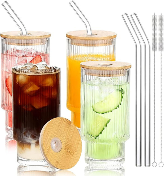 16oz Glass Cups with Lids & Straws - Reusable Iced Coffee Tumblers, Trendy Ribbed Design & Stackable for Iced Coffee/Cold Brew, Perfect for Home/Office by Coffee Lovers & Commuters (16OZ-4PACK)