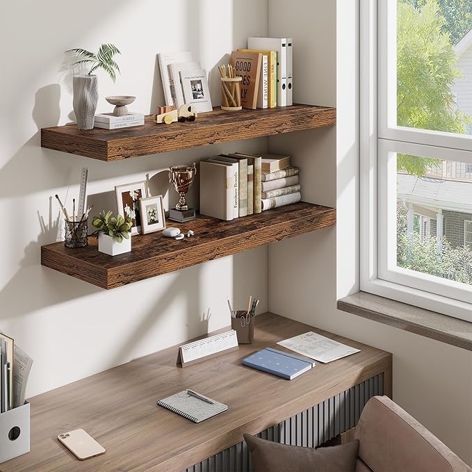 Floating Shelves for Wall, 40 Inch Floating Shelf for Home Decor, Wall Mounted Rustic Wood Shelves 12 Inch Deep, Hanging Deep Shelf for Bedroom, Living Room, Kitchen, Rustic Brown, Set of 2
